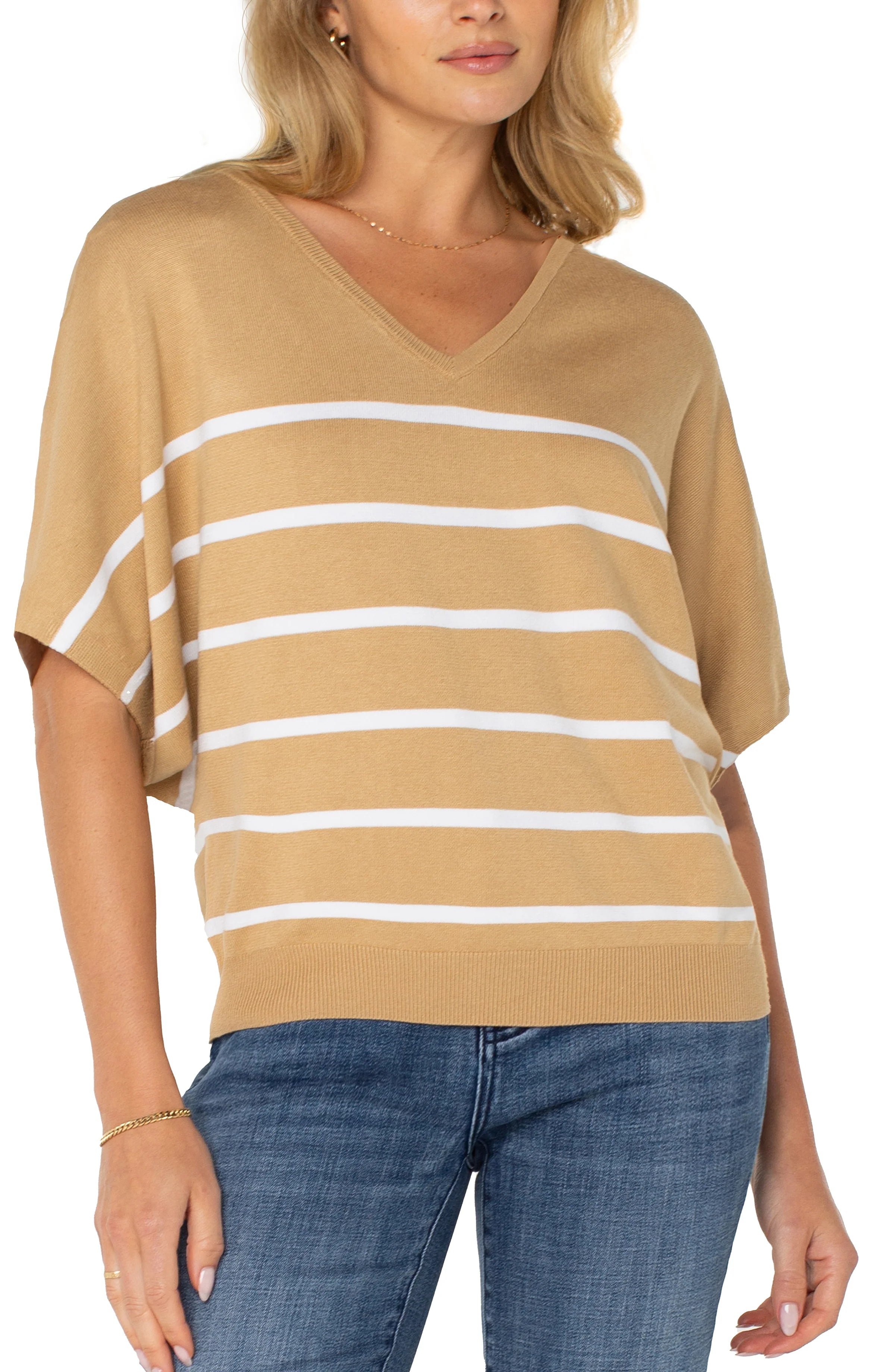 Liverpool Short Sleeve Dolman V-Neck Sweater Tan/White Solid Color Striped Floral Print