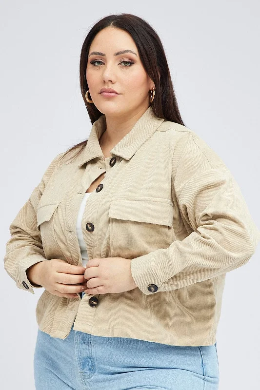 Beige Cord Crop Jacket Long Sleeve Front Pockets Side Pockets Patch Pockets