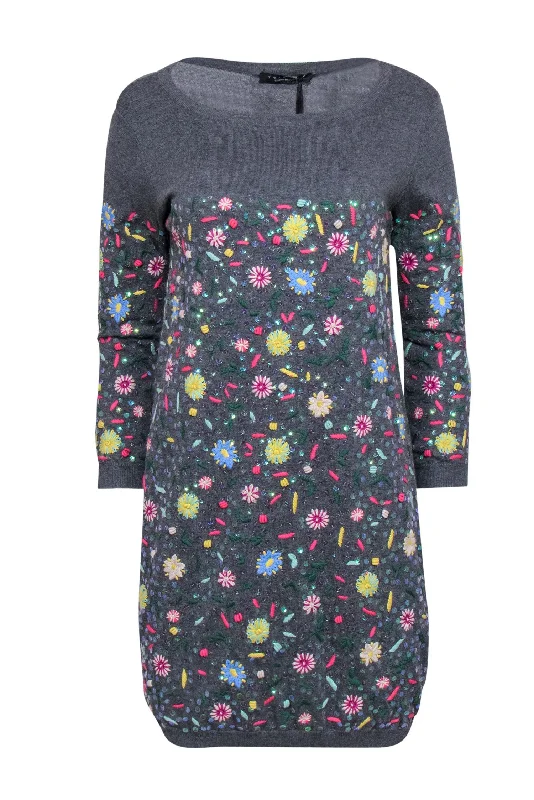 Twinset - Grey & Multicolor Floral Embroidered & Sequin Sweater Dress Sz S Houndstooth Herringbone Solid