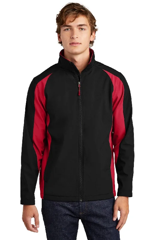 Sport-Tek Colorblock Soft Shell Jacket. ST970 Front Pockets Side Pockets Patch Pockets