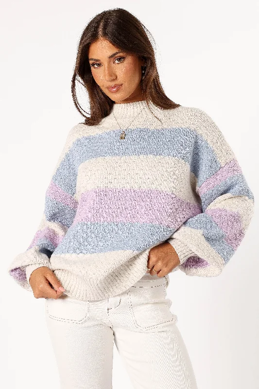 Dani Multi Stripe Knit Sweater - White Light Blue Iron Safe Non-Iron Wrinkle Free