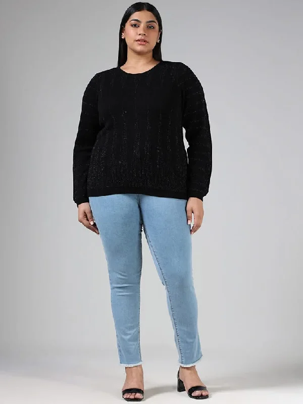 Gia Black Self Patterned Knitted Sweater Velvet Chenille Corduroy