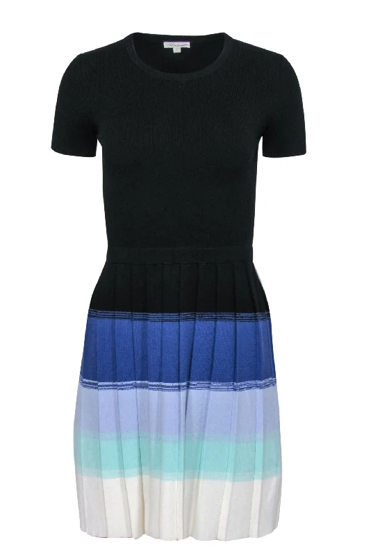 Shoshanna - Black & Multicolor Pleated-Skirt Sweater Dress Sz P Fitted Slim Tailored