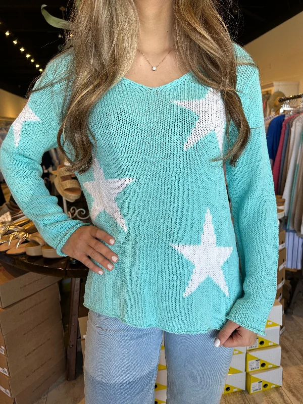 Wooden Ships Hailey Star V Cotton Sweater Surf Jack Aqua/Breaker White Silk Blend Satin Velvet