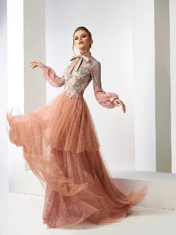 Bow collar embroidered top with tiered flowy skirt velvet skirt luxurious