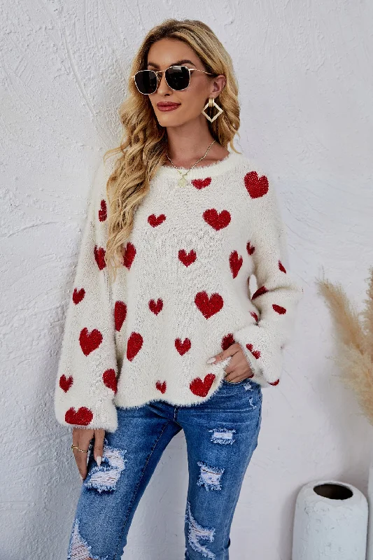 Heart Print Fuzzy Crewneck Long Sleeve Sweater Zippered Front Buttoned Front Snap Front