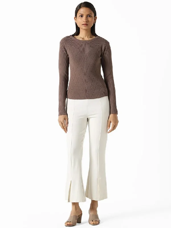 Wardrobe Solid Taupe Self Patterned Sweater Terry Terry Cloth Terry Knit