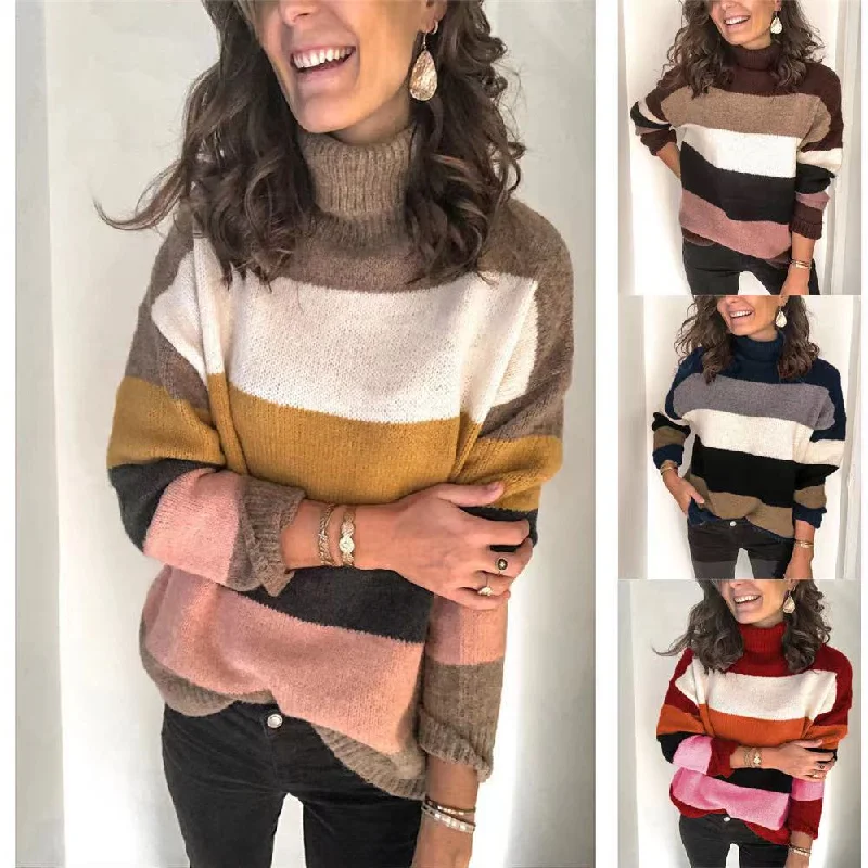 Winter New High-Neck Stitched Knitwear Plus Size Lady Striped Sweater Woman Knitwear Clothing Print Jacquard Patchwork