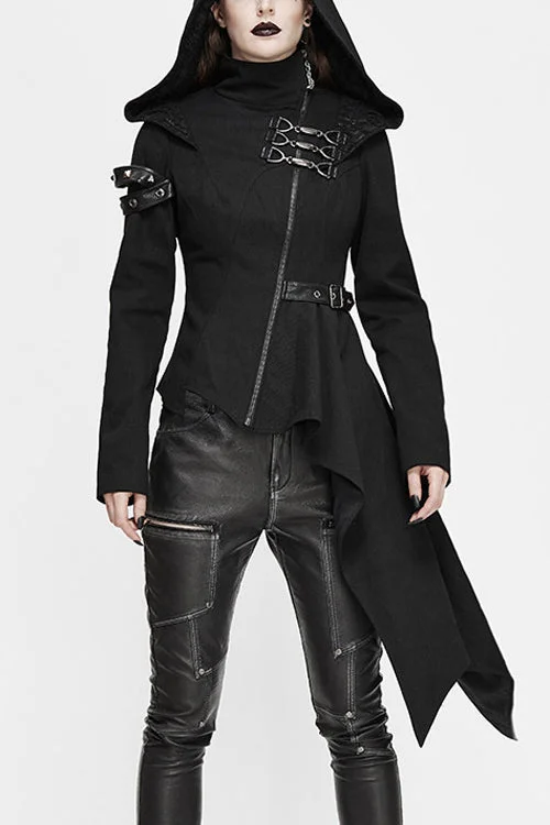 Black Hooded Asymmetrical Zipper Womens Punk Jacket Wool Fabric Cashmere Fabric Tweed Fabric