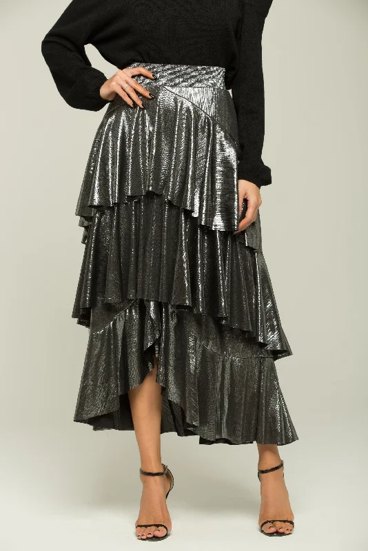 Bright Silver Ruffled Maxi Skirt velvet skirt rich