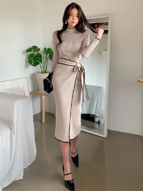 Vintage One-Piece Patchwork Slim Woman Dress Long Sleeve Knitted Midi Dress Women Sweater Knit Dress Elegant Autumn Clothes Chenille Fabric Brocade Fabric Lace Fabric