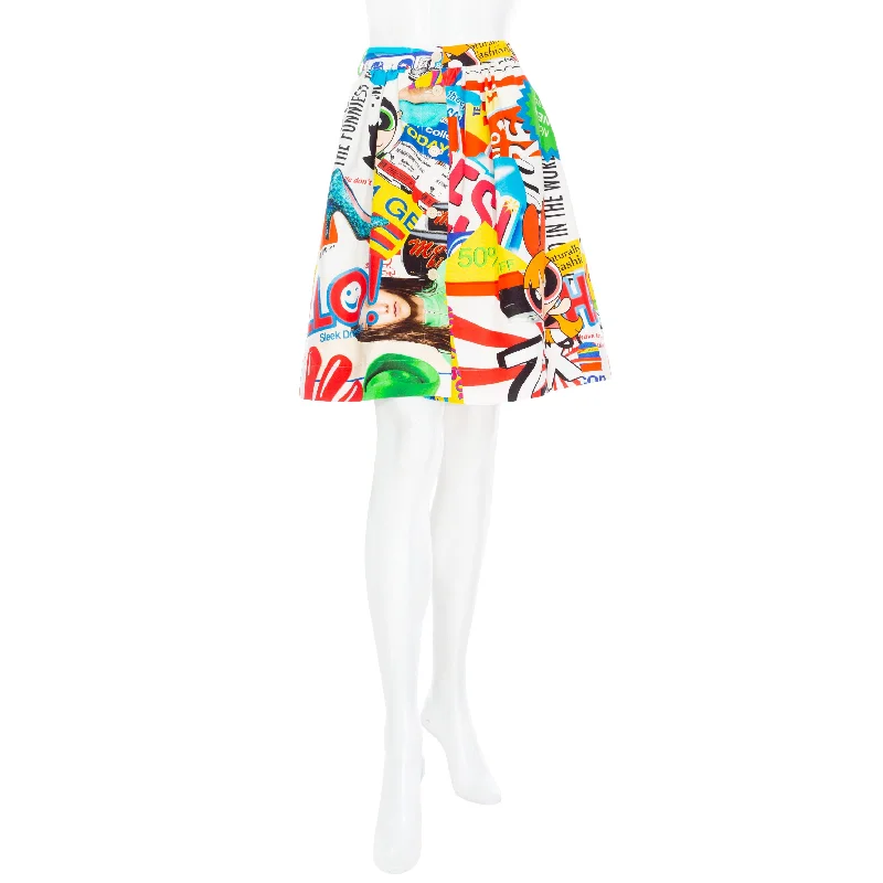 2016 Multicolored Cotton-Blend Collage Print A-Line Skirt linen skirt light