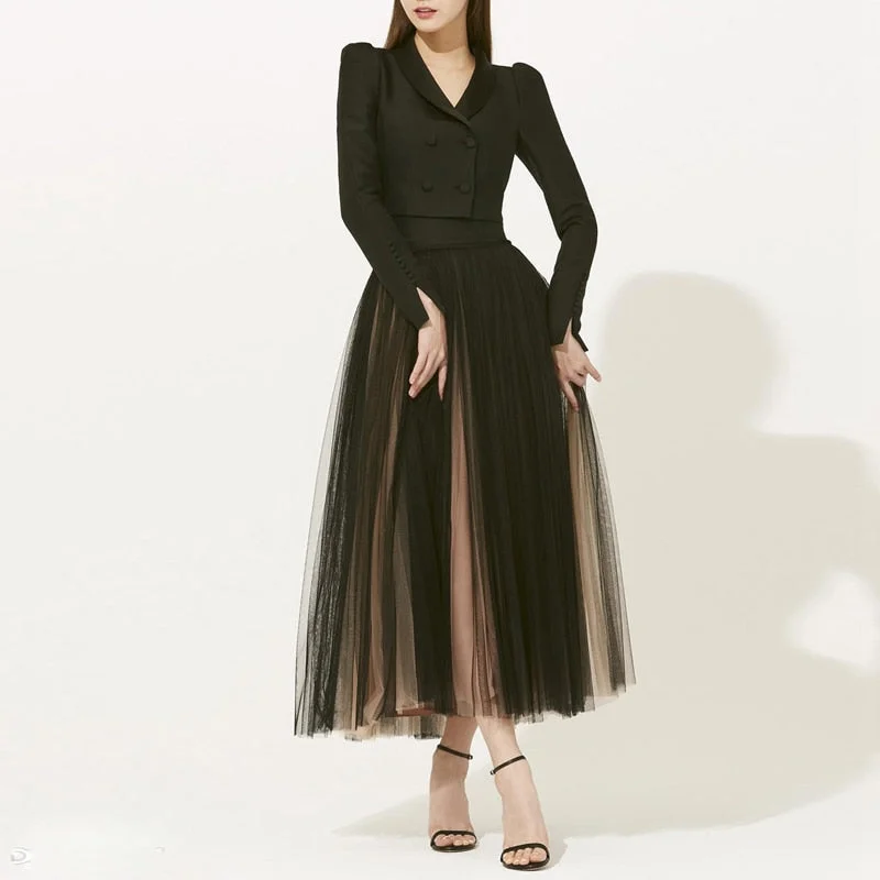 2023 Solid Color Green Fruit Collar Long-Sleeved Split Top + Mesh Half Skirt Slim Commuter Casual Woman Suit ruffled skirt detail