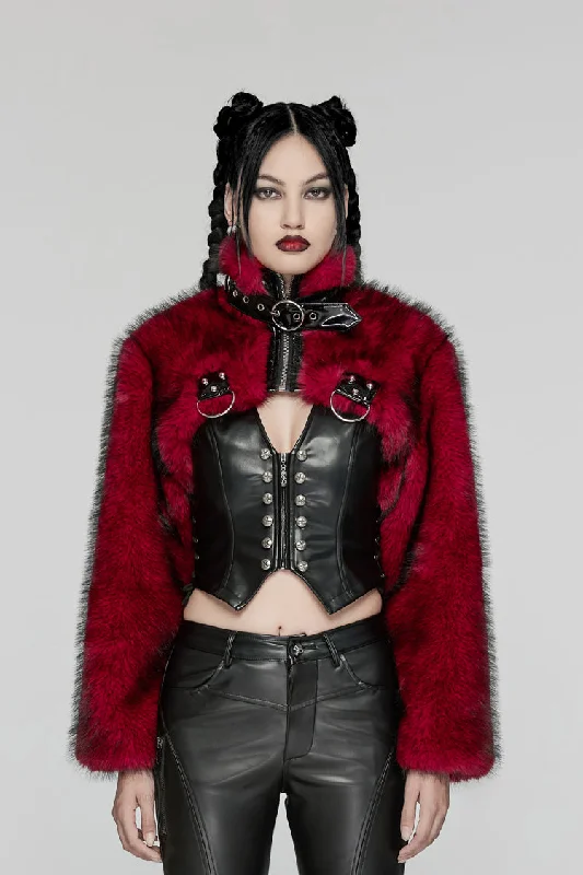 Red Stand Collar Long Sleeves Women's Punk Faux Fur Short Jacket Wool Fabric Cashmere Fabric Tweed Fabric