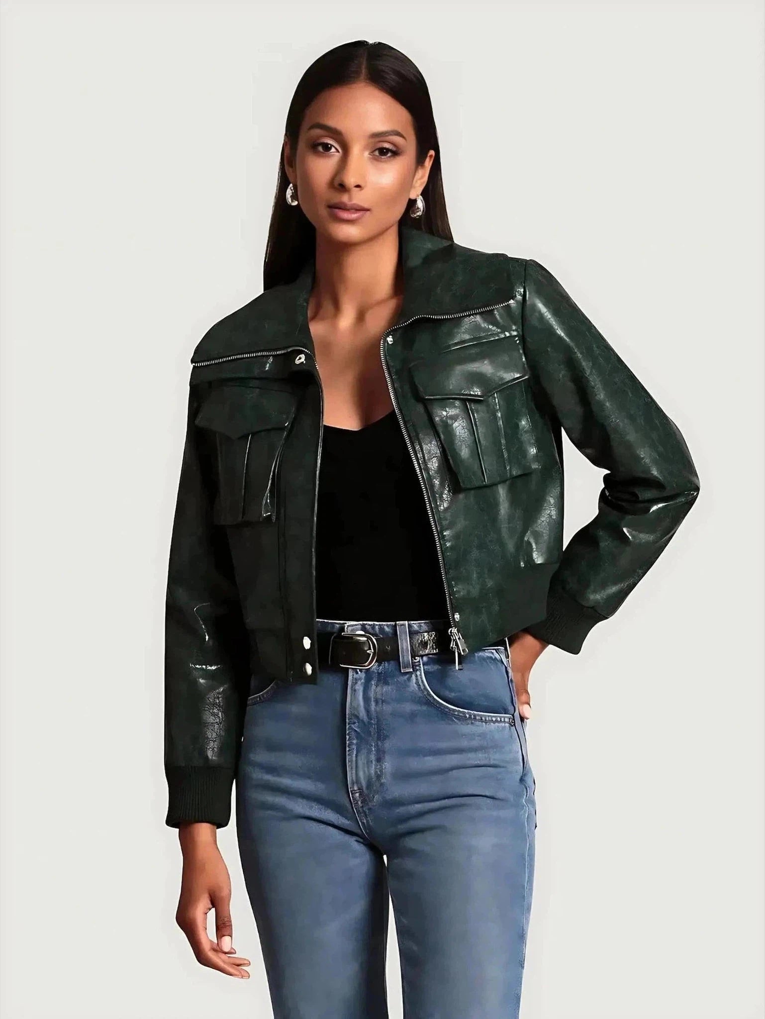 Avec Les Filles Faux-Ever Leather Cropped Aviator Jacket Cardigan Sweater Pullover