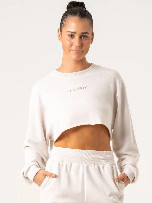 Cropped Sweater - Oat Welt Pockets Slit Pockets Flap Pockets