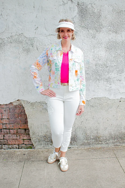White Floral Print Denim Jacket Welt Pockets Slit Pockets Flap Pockets