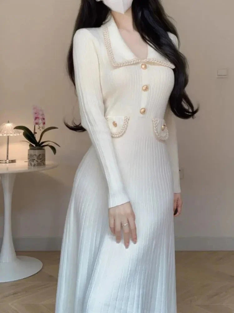 Women Fashion Soft Ribbed Knitting Midi Dress Autumn Winter Long Sleeve Turn Down Collar Button Sweater Clothes Female Jumper Neon Metallic Matte