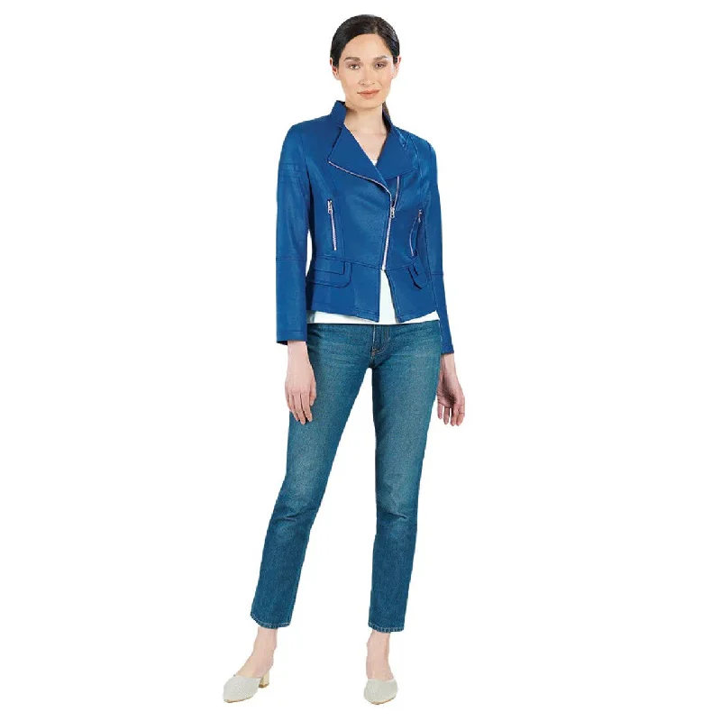 Liquid Leather™ Biker Jacket in Cobalt Tiered Jacket Buttoned Jacket Zippered Jacket
