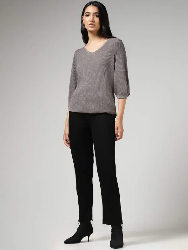LOV Grey Fluted Shimmer Sweater Cashmere Blend Cotton Blend Poly Blend