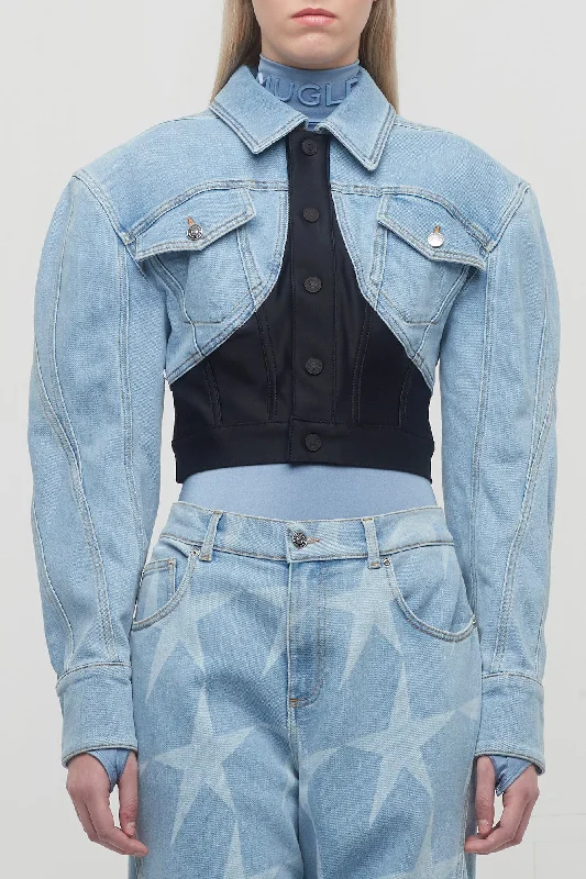 Mugler Denim Jersey Cropped Jacket Welt Pockets Slit Pockets Flap Pockets