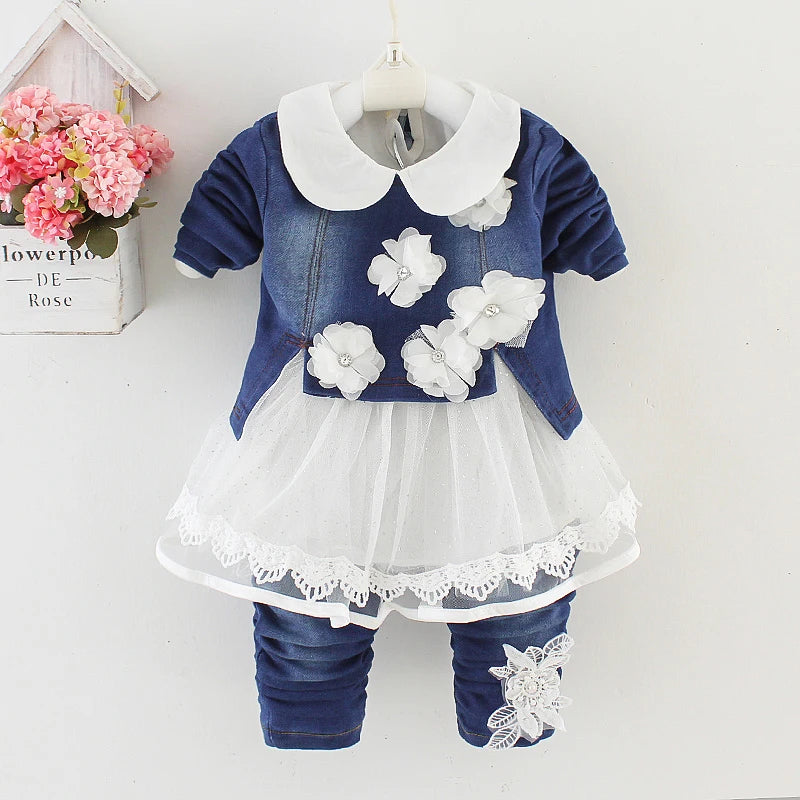 Spring Autumn Infant Toddler Baby Girl Denim Clothing Sets 3 pcs Long Sleeve T Shirt Tops Denim Jacket and Jeans Trousers Wool Jacket Cashmere Jacket Tweed Jacket