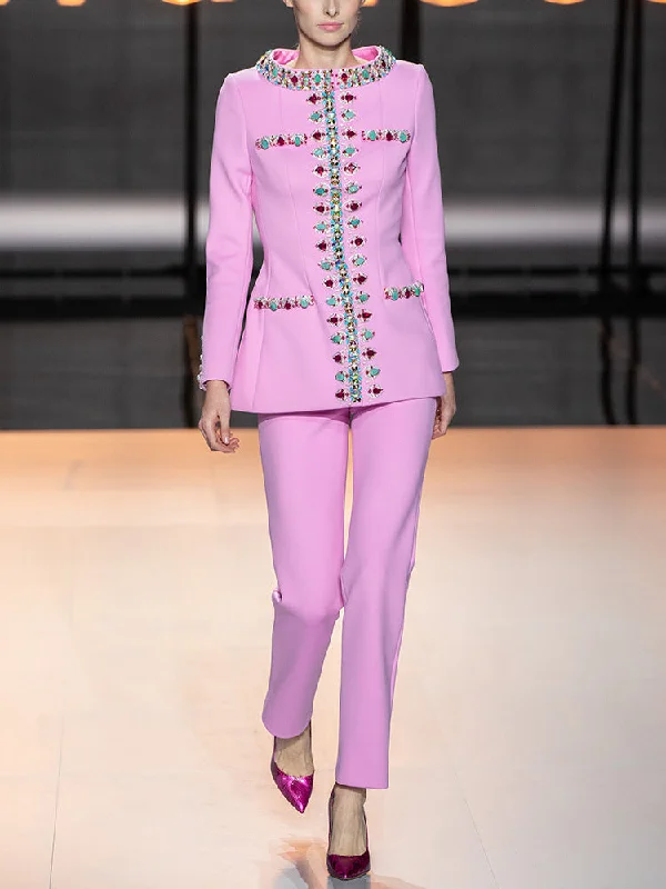 Pink Blazer Jacket with Jewellery Decor + Slim-Fit Cigarette Trousers Pants Suit Fitted Jacket Loose Jacket Oversized Jacket