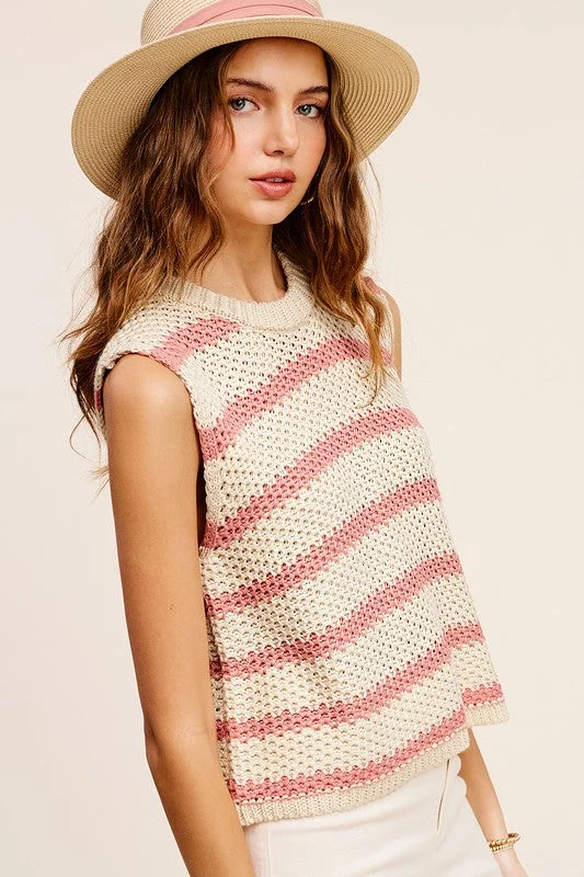 Natalie Chunky Stripe Sleeveless Sweater Top Iron Safe Non-Iron Wrinkle Free