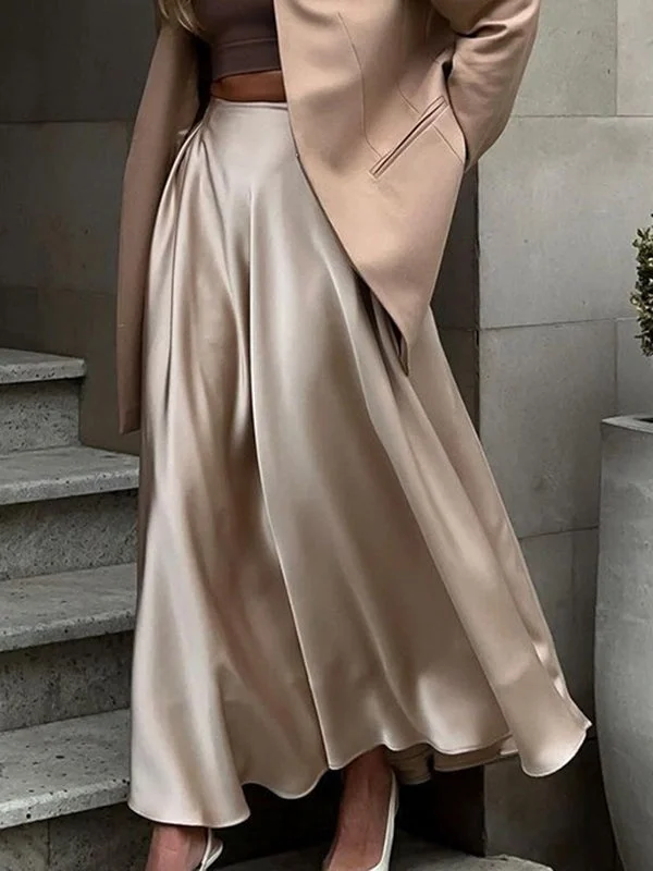 A-Line High Waisted Elasticity Pleated Solid Color Skirts casual skirt length