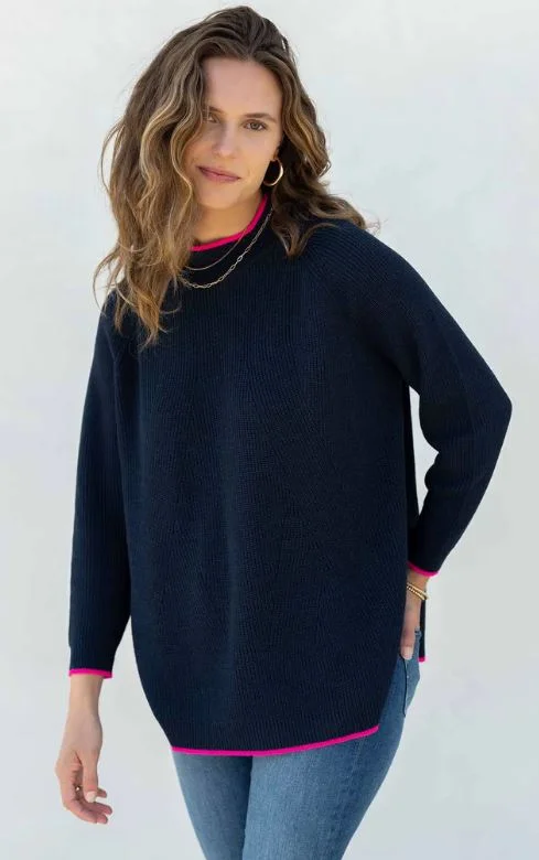 Mersea The Camden Mockneck Sweater Navy/Lipstick Graphic Sweater Embroidered Appliqued