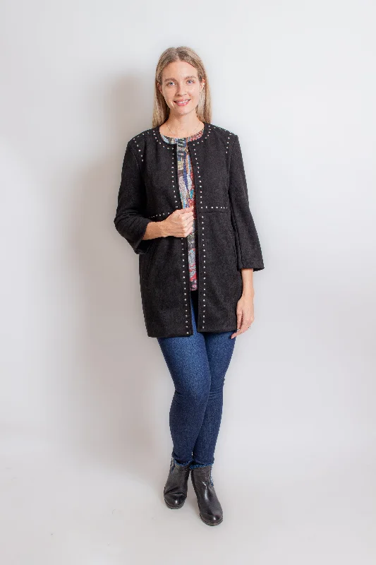 Black Faux Suede Jacket Stand-Up Collar Roll-Neck Collar Turtle Neck