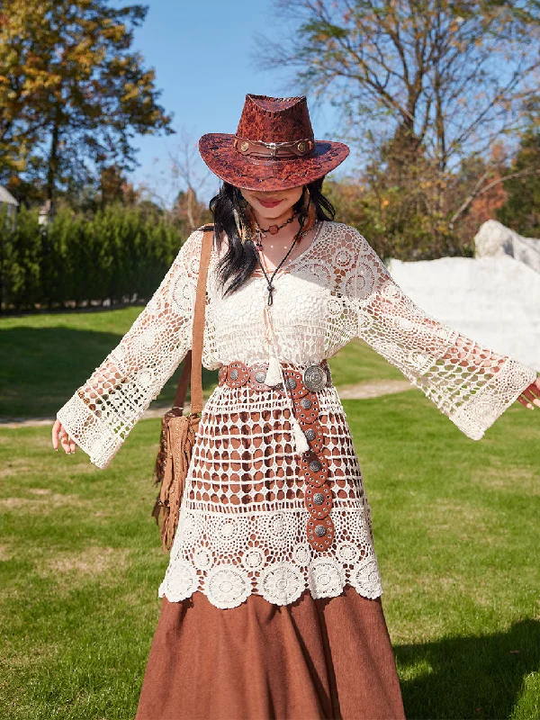 Hollow Crochet Tassel Top with Waistband Brown Corduroy Skirt Bohemian Suit cashmere skirt fine