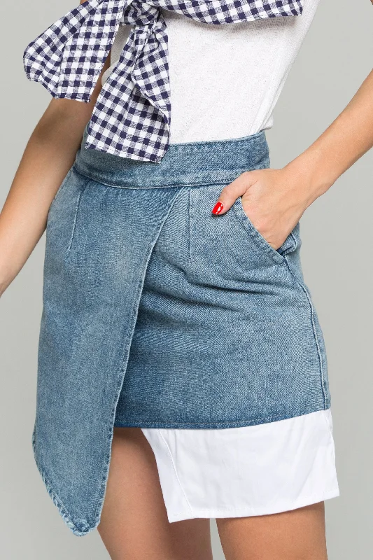 Blue Denim Surplice Mini Skirt asymmetrical skirt cut
