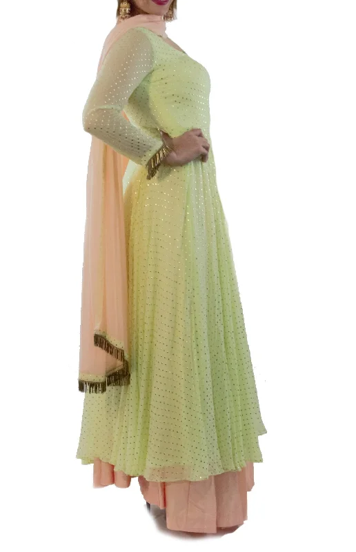 Sea Green Anarkali suit set having Golden Dots with Skirt and Dupatta wool skirt thick