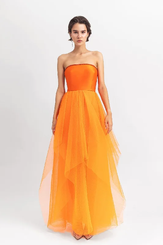 Sleeveless satin top with pleated tulle skirt linen skirt natural