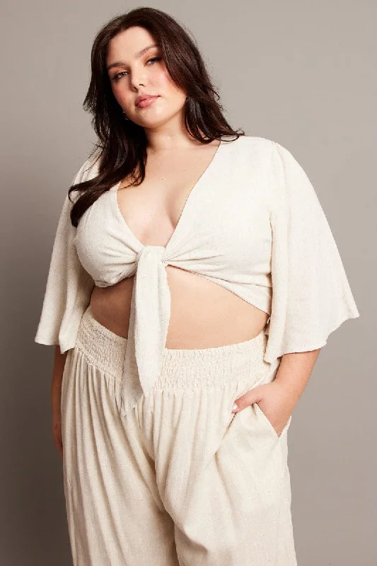 Beige Linen Blend Tie Front Flare Sleeve Bolero Jacket Knit Fabric Woven Fabric Fleece Fabric