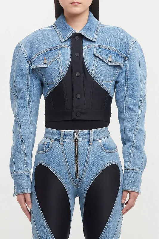 Mugler Denim Jersey Jacket Zip Front Button Front Snap Front