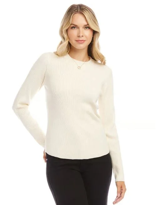 Karen Kane Ribbed Crewneck Sweater Off-White Ribbed Striped Patterned