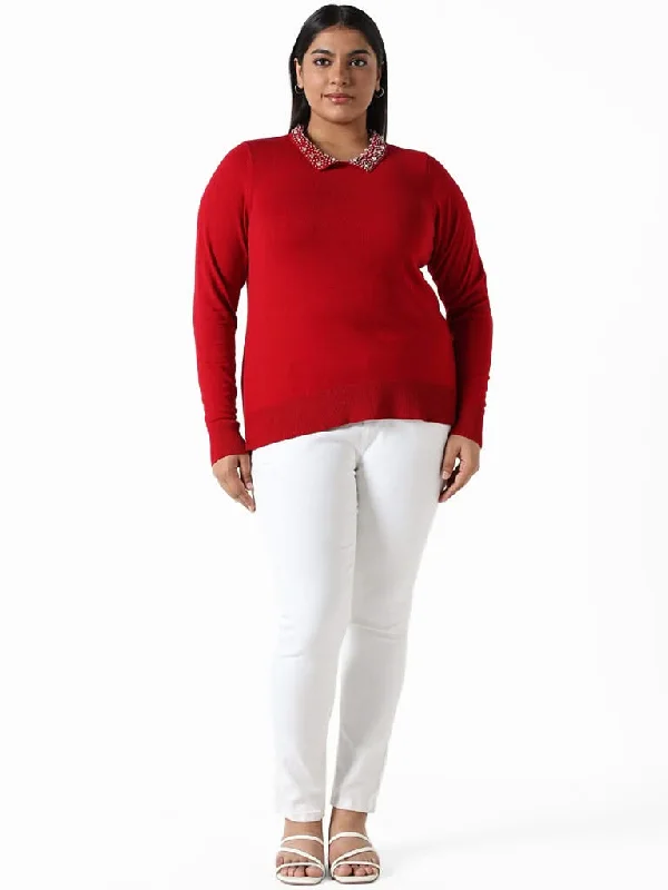 Gia Pearl Neck Detail Red Sweater Fleece Sweater Nylon Polyester