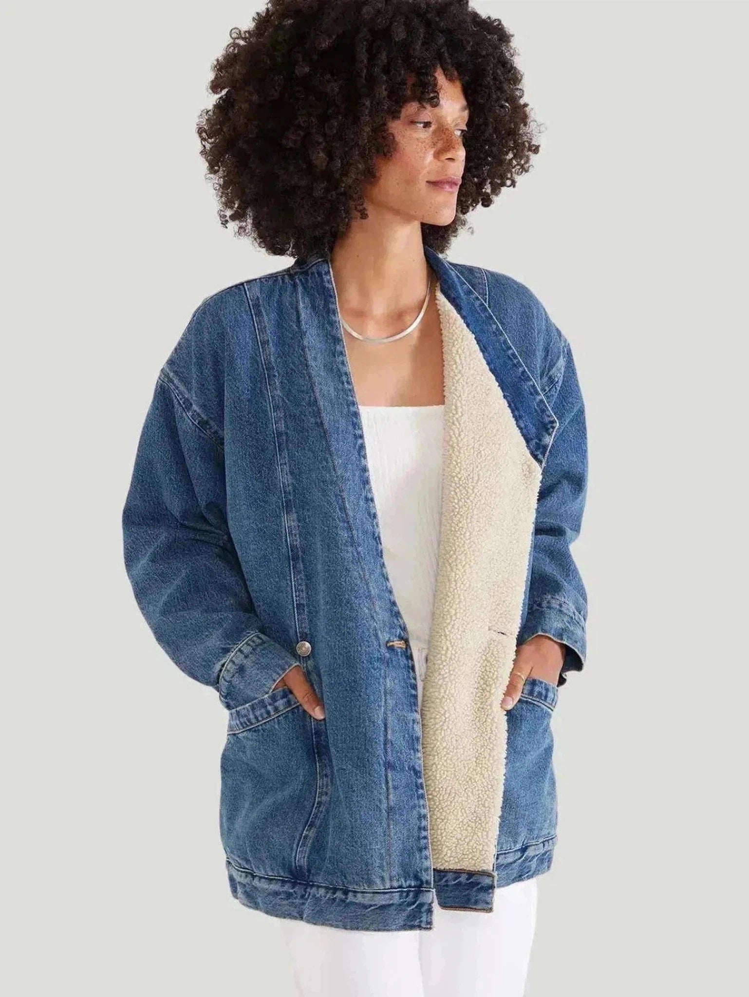 ÉTICA Denim Sherpa Lined Jacket Belted Jacket Elasticated Jacket Padded Jacket