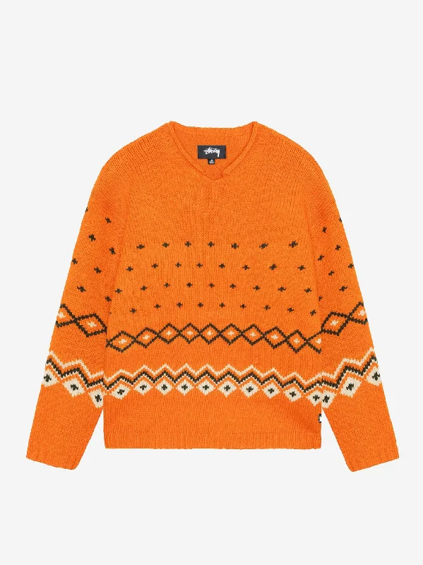 Stussy Roll V Neck Fairisle Sweater - Orange Transparent Opaque Sheer
