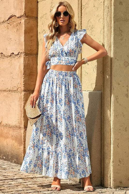 Printed Tie Back Cropped Top and Maxi Skirt Set silk skirt lustrous