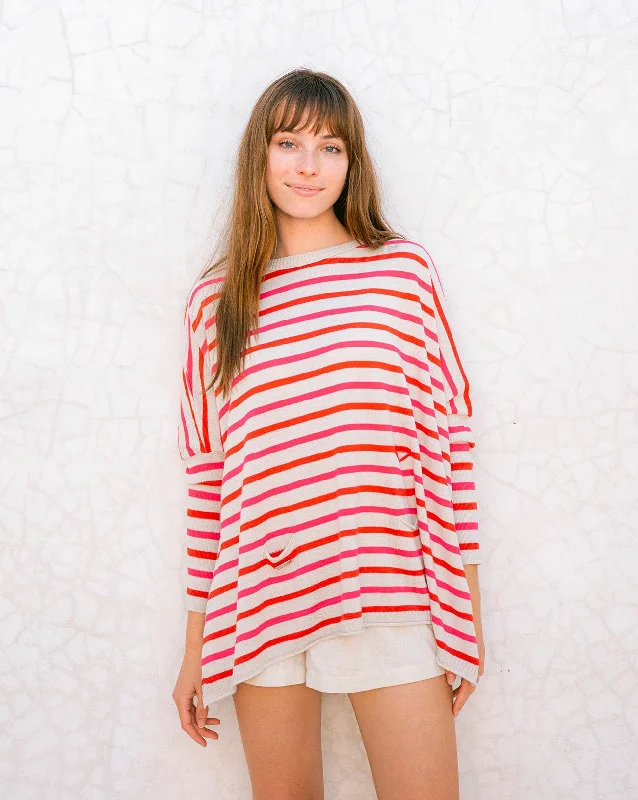 Mersea The Catalina Travel Sweater Poppy/Ecru/Bright Pink Stripes Front Pockets Side Pockets Patch Pockets