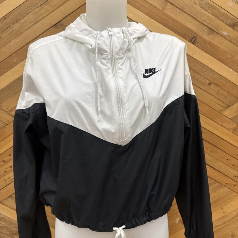 Nike - Women's Cropped Windbreaker Jacket: Black/White-women-LG Wool Jacket Cashmere Jacket Tweed Jacket