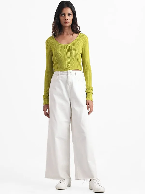 Nuon Olive Green Self Striped Crop Fit Sweater Solid Print Embellished