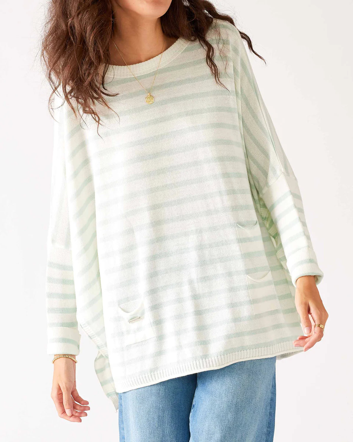 Mersea The Catalina Travel Sweater Mint Stripe Chenille Brocade Lace
