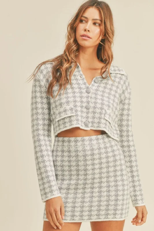 Hazel Blues® |  MABLE Houndstooth Cropped Knit Cardigan and Mini Skirt Set casual skirt length