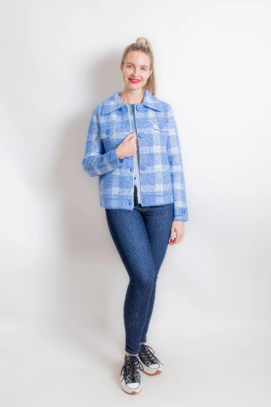 Blue & White Plaid Short Jacket Hooded Jacket Caped Jacket Shawl Collar Jacket