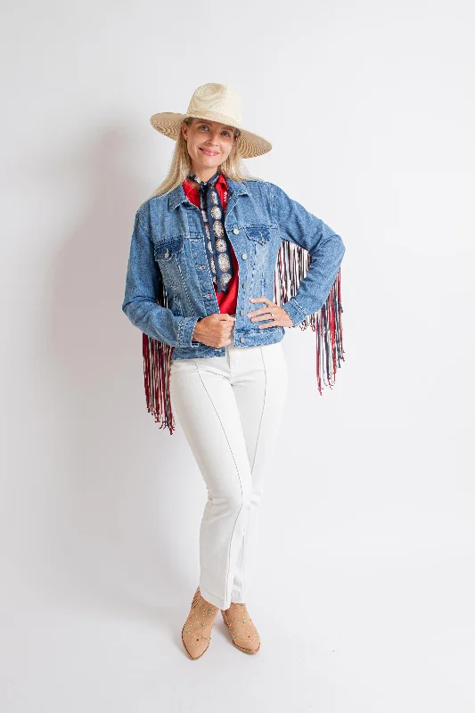 Denim Jacket with Red Fringe Hooded Jacket Caped Jacket Shawl Collar Jacket