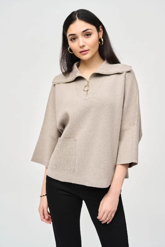 Joseph Ribkoff Zip Front Dolman Sleeve Boxy Sweater Top 243954 Open Front Closed Front Wrap Front